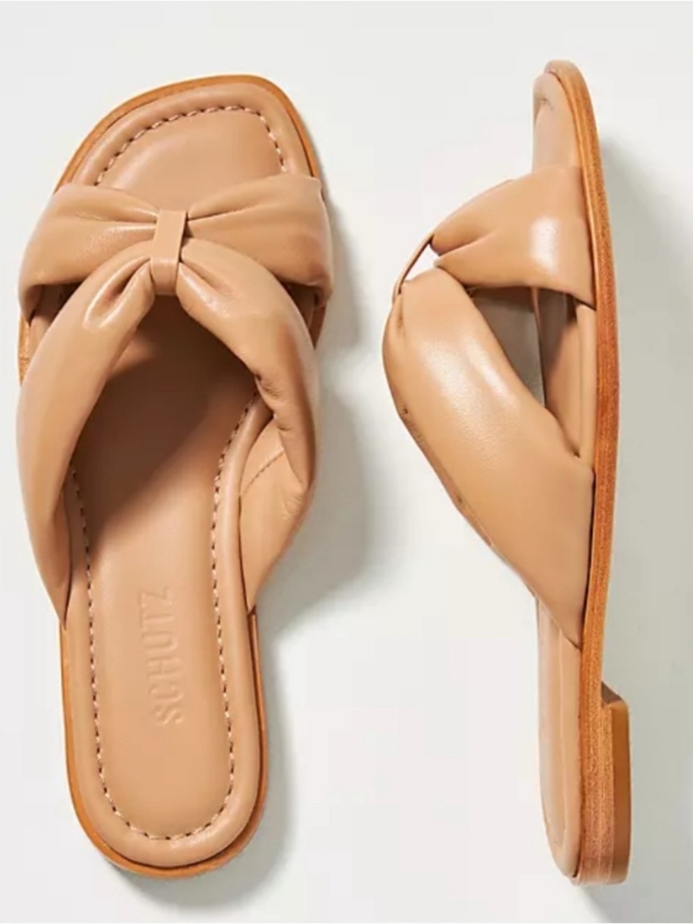 Schutz Fairy Flat Sandal Puff Strap Tan Leather Size 9.5B